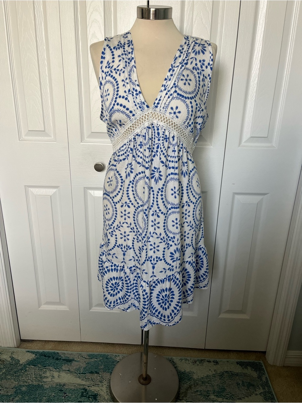 White + Blue Embroidered V-Neck Sundress
